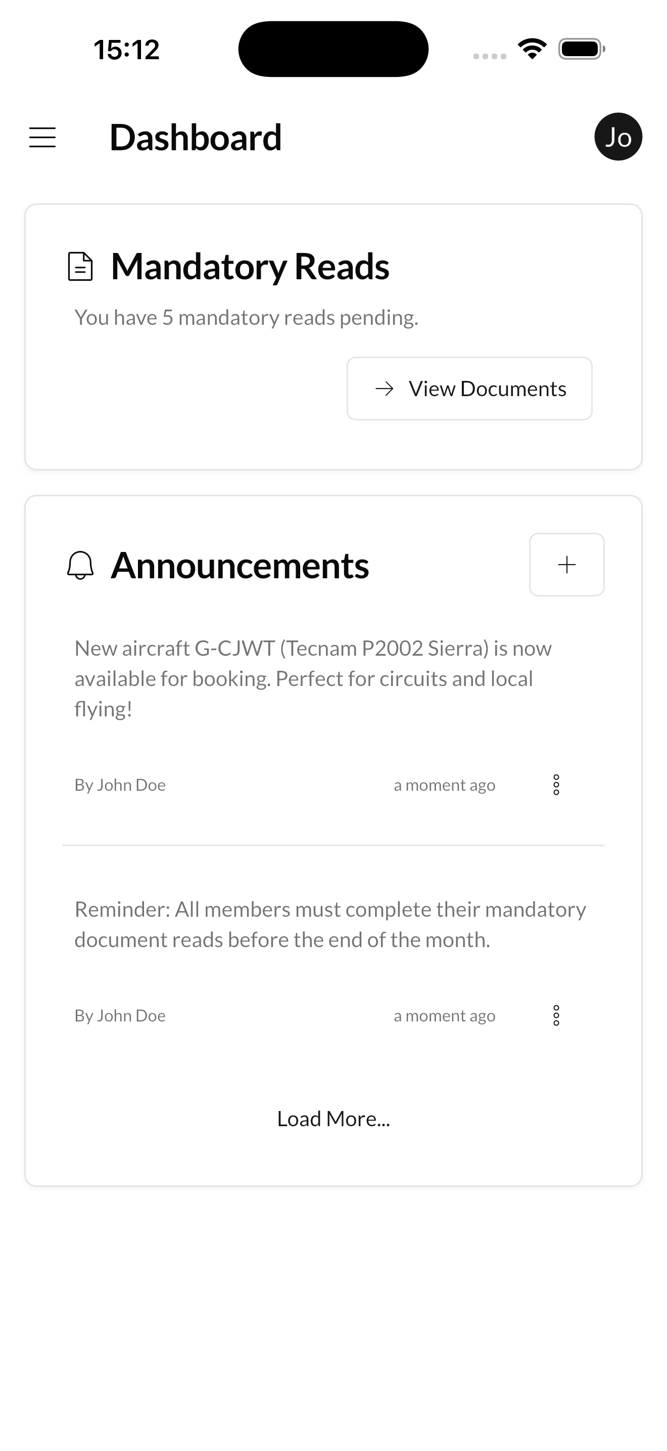 Dashboard showing mandatory reads and club announcements