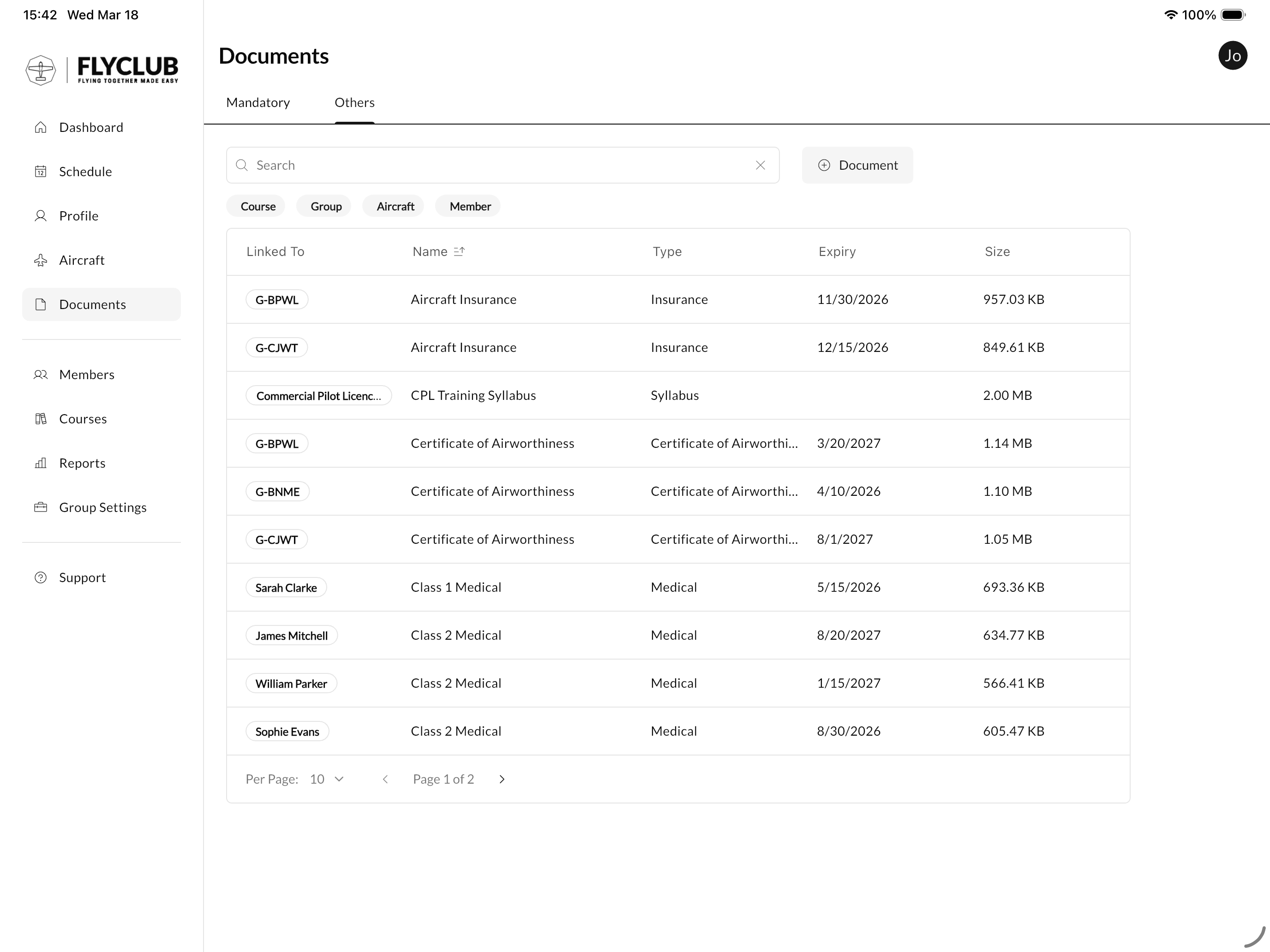 Documents table on iPad with types, expiry dates and file sizes