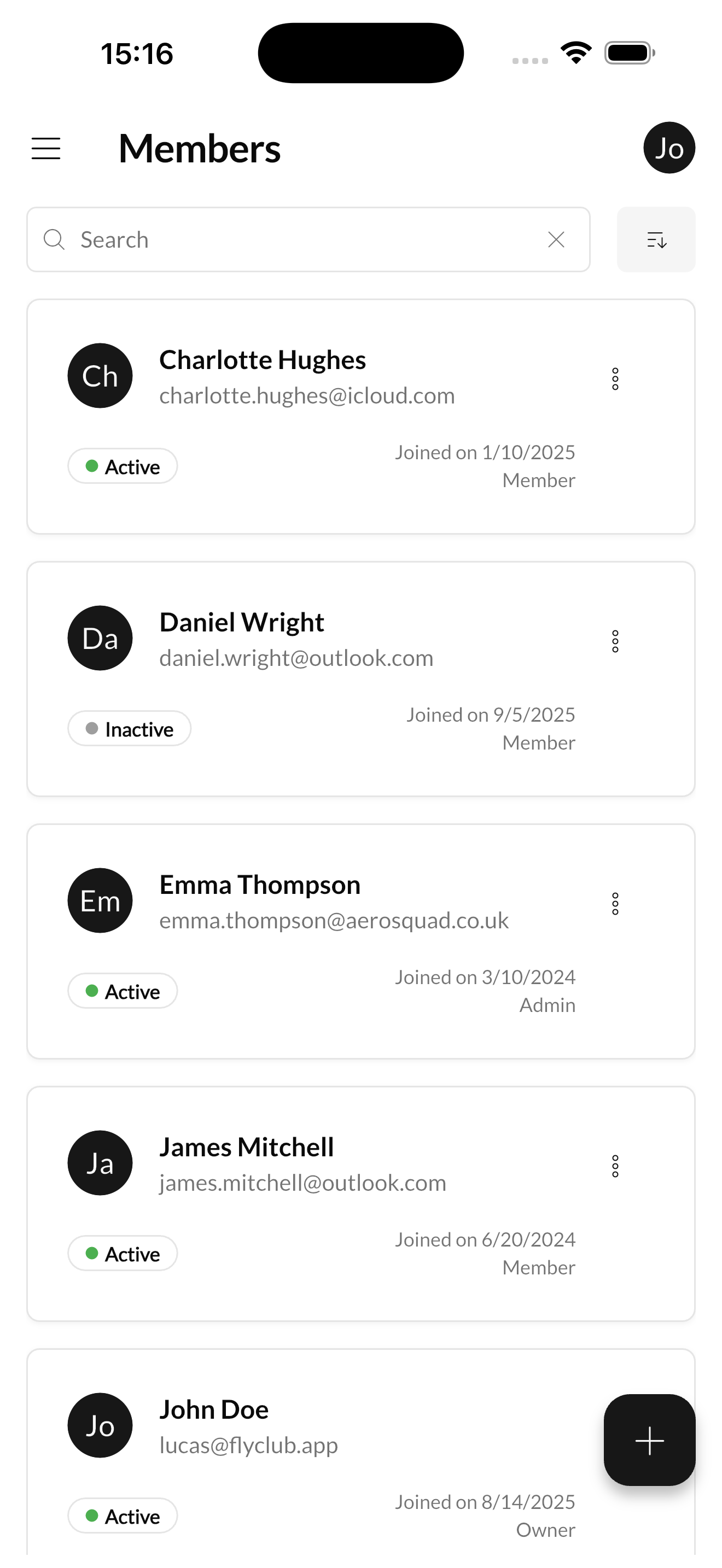 Members list showing names, emails, roles and active status