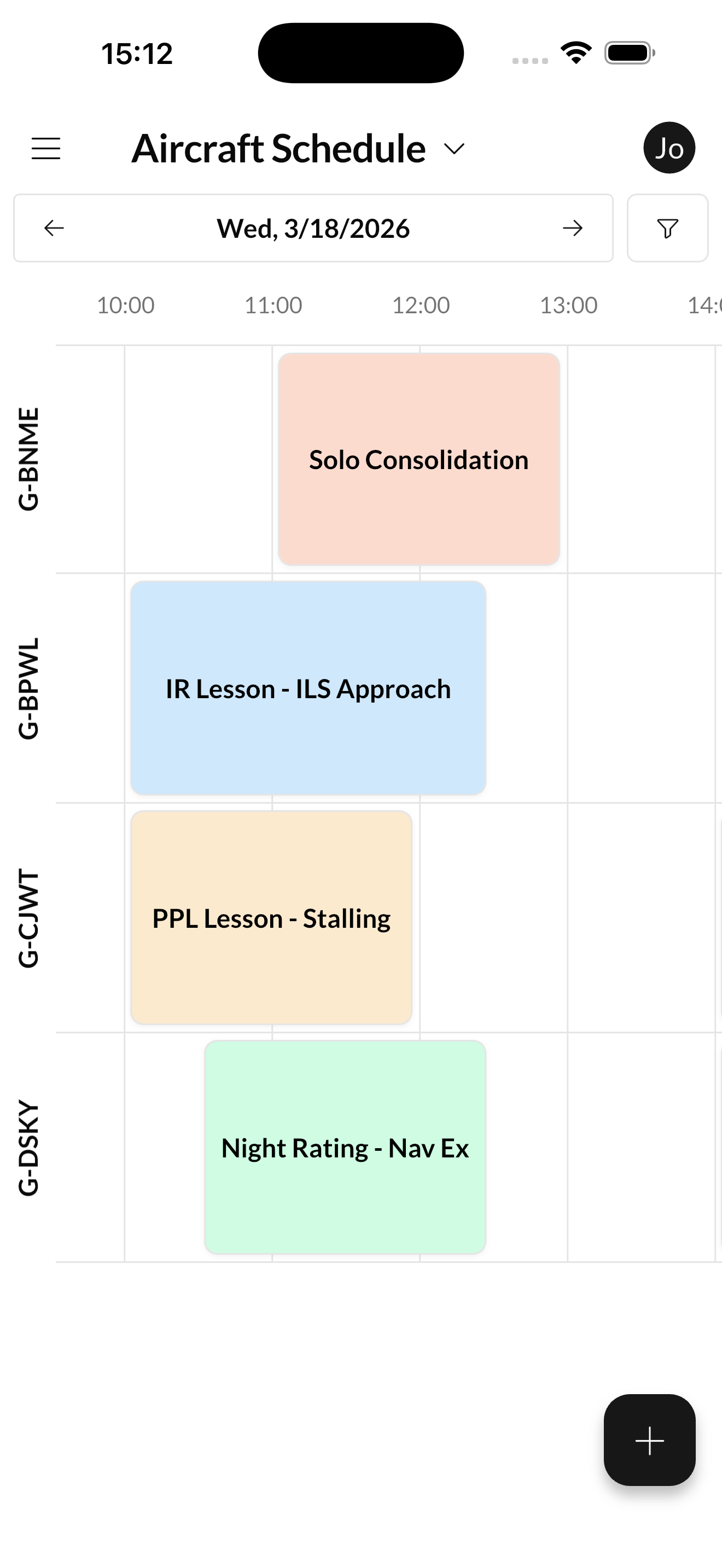 Flight schedule on iPhone with color-coded booking blocks