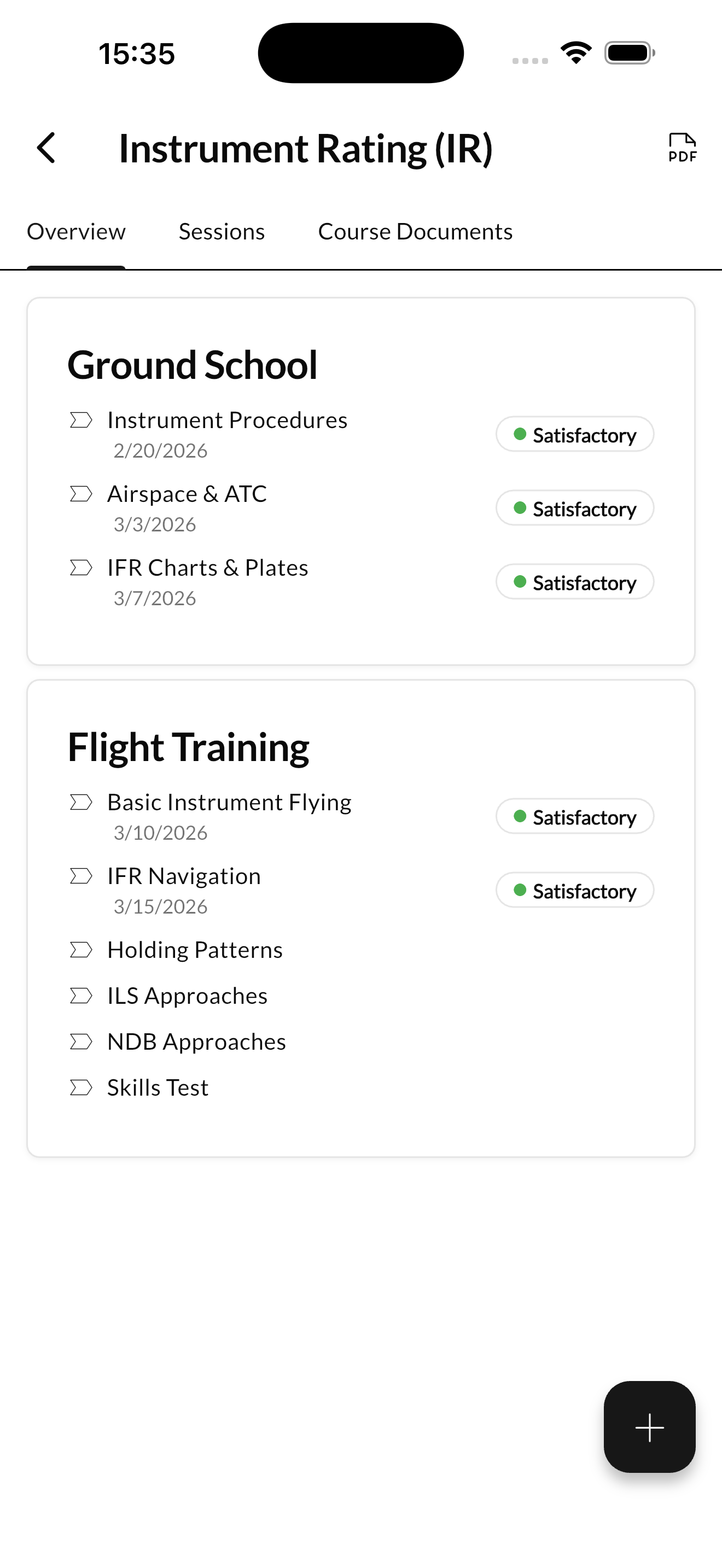 Instrument Rating course overview with Ground School and Flight Training progress